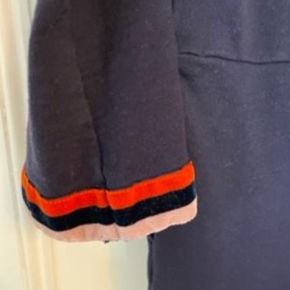 Boden Blue Dress with red, blue, pink velour stripes on sleeves, pockets size 4 - Picture 4 of 4